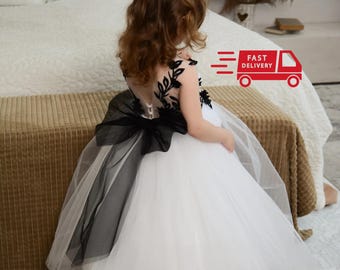 Toddler Flower Girl Dress White, Flower Girl Dress, Black Lace dress with detachable train