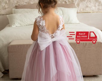 Flower Girl Dress with train,  Flower Girl Dress, Burgundy Flower girl gown, Puffy baby girl dress