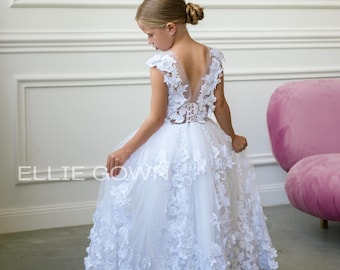 White Lace Flower girl dress, Lace Girl Dress, Todller girl dress, Lace Girl Gown