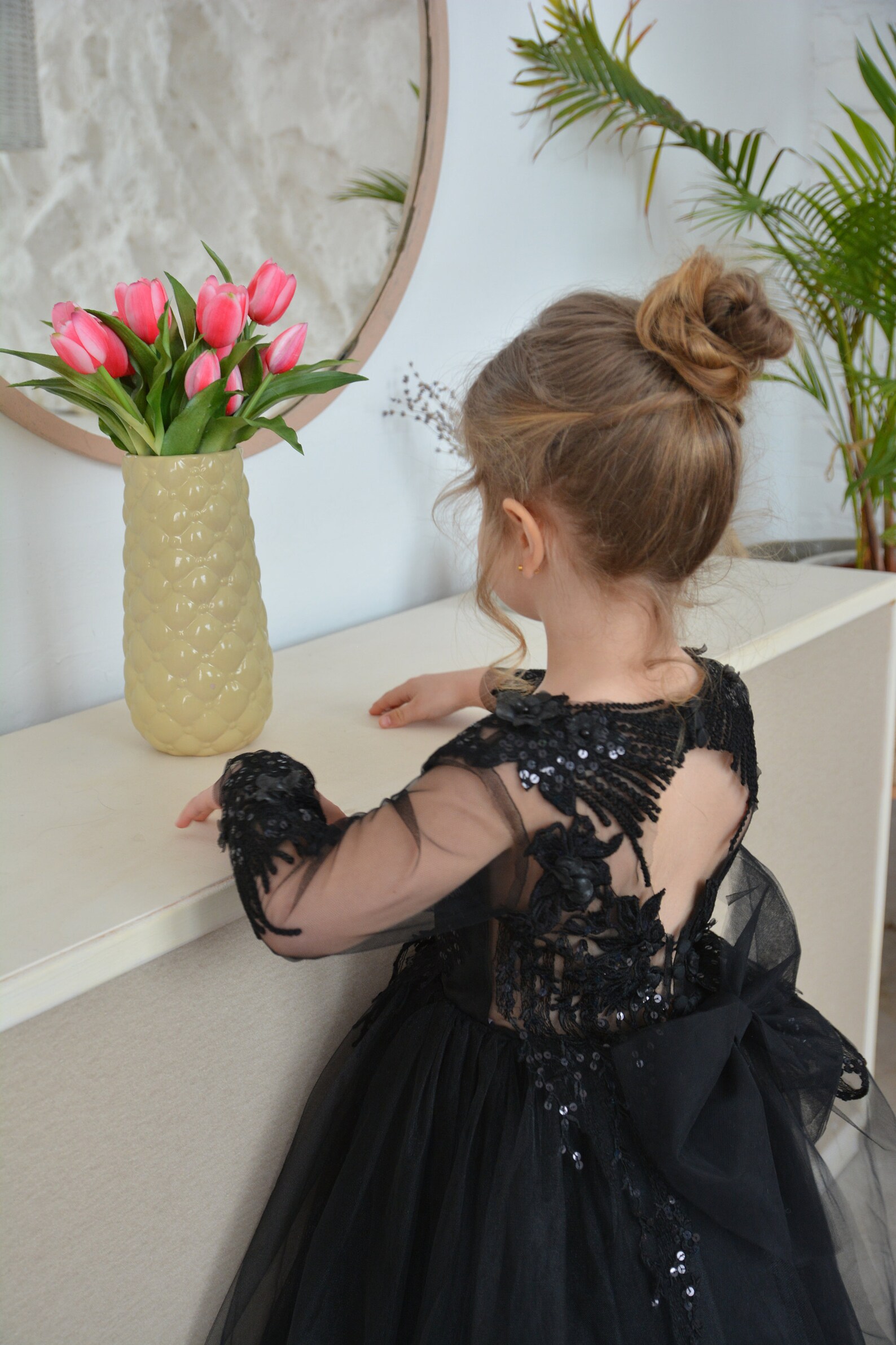 Little Girls Blush Black Rhinestone Embroidered Lace Flower Girl Dress 4-6