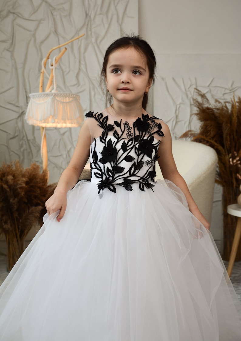 Toddler Puffy Black Flower Girl Dress, Black Lace dress with detachable train, Flower Girl Dress Tulle image 6
