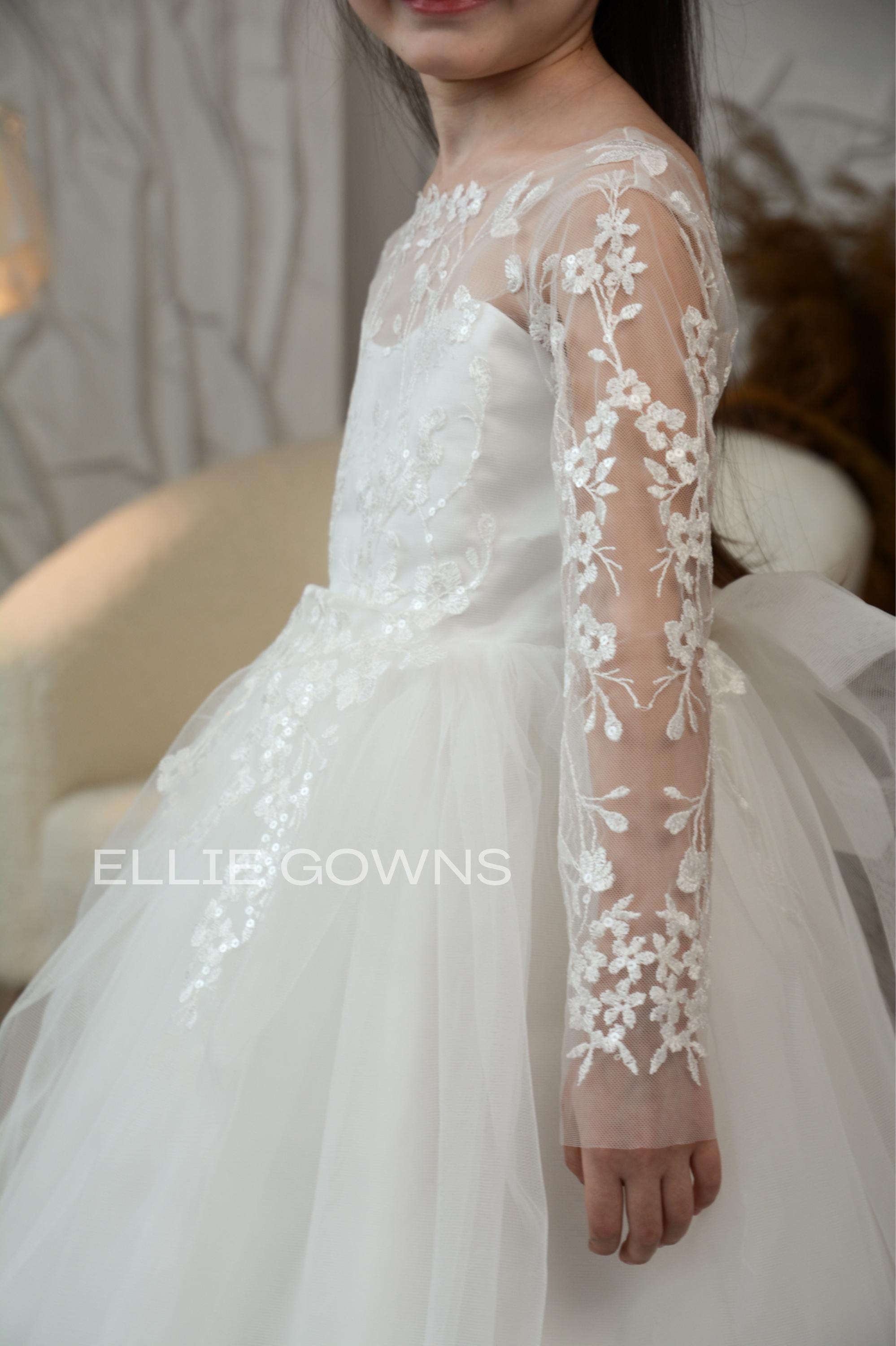IWEMEK Girls White Ivory Long Sleeve Flower Lace Princess Dress - Boho Rustic Maxi Gown For Wedding, Birthday, Photo Shoots