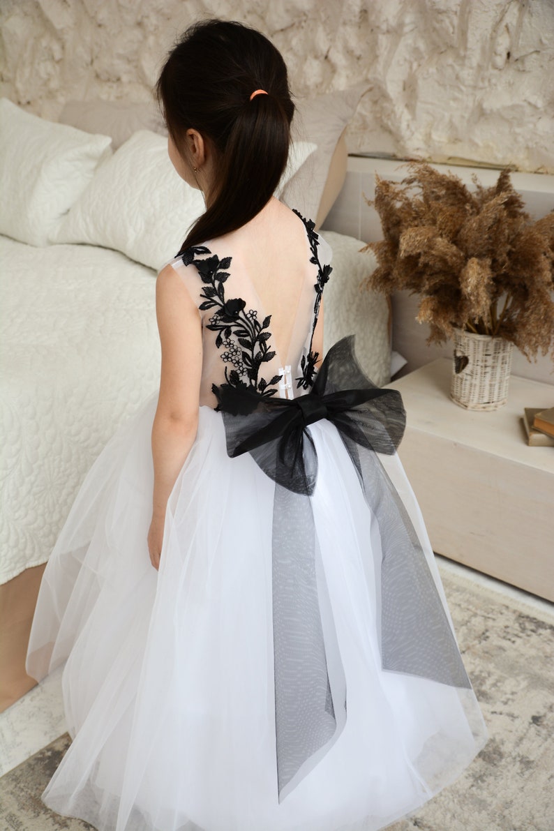Toddler Puffy Black Flower Girl Dress, Black Lace dress with detachable train, Flower Girl Dress Tulle image 7