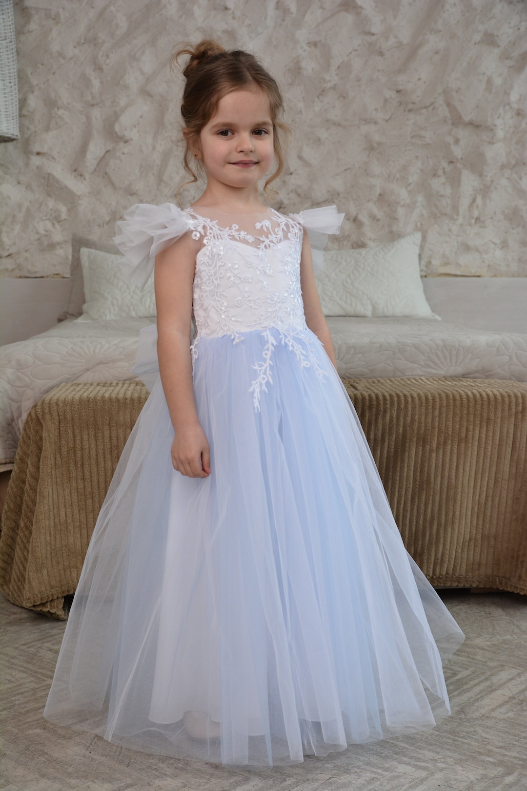 Skyblue Flower Girl Dress, White Lace Flower Girl Dress, Puffy Baby