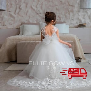 White Lace Dress, Toddler wedding dress with train, Tulle  Flower Girl Dress, First communion dress