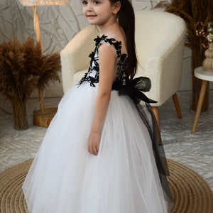 Toddler Puffy Black Flower Girl Dress, Black Lace dress with detachable train, Flower Girl Dress Tulle image 9