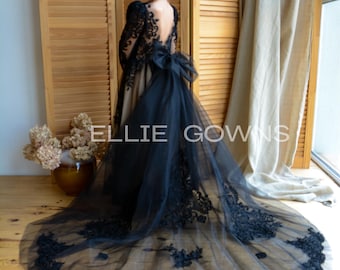 Victorian Black Lace Girl Dress, Long Sleeves Girl Dress, Black Lace Flower girl dress