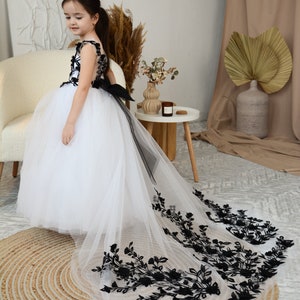 Toddler Puffy Black Flower Girl Dress, Black Lace dress with detachable train, Flower Girl Dress Tulle image 8