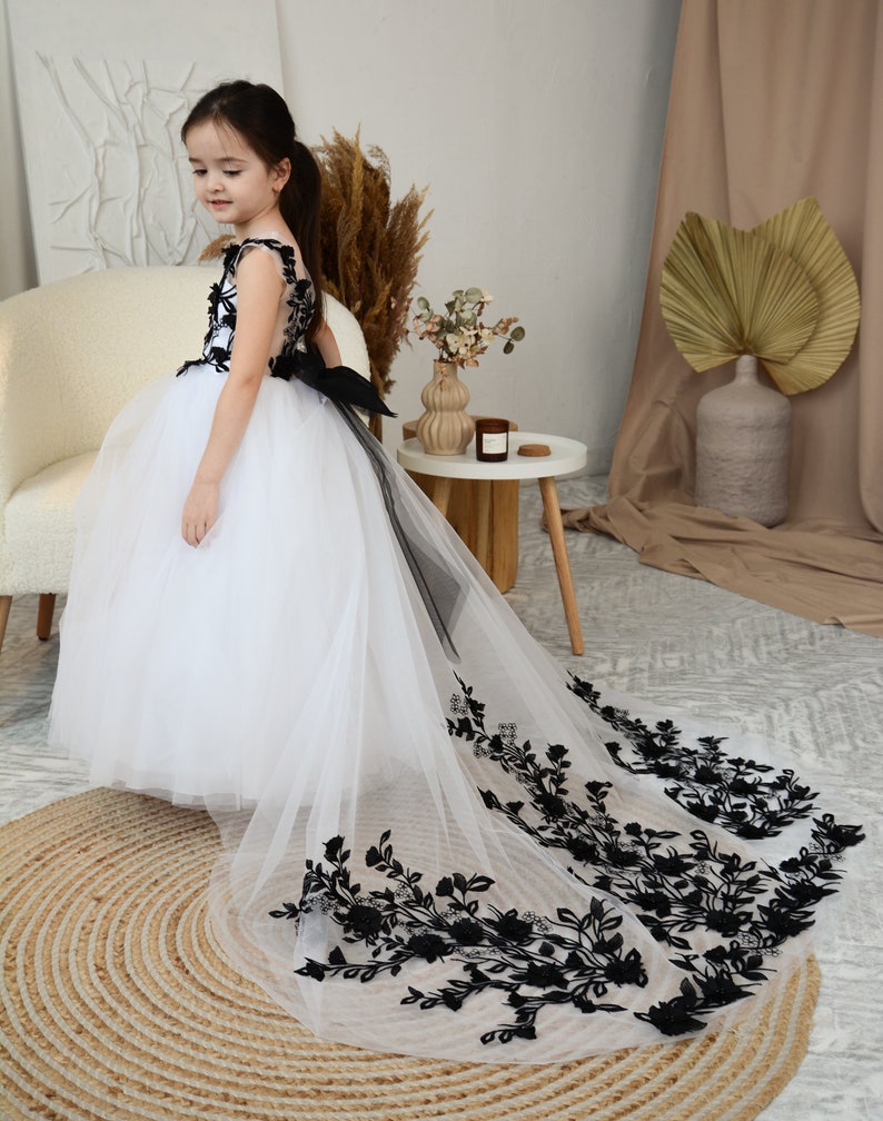 Toddler Puffy Black Flower Girl Dress, Black Lace dress with detachable train, Flower Girl Dress Tulle image 8