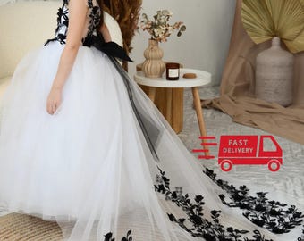 Toddler Puffy Black Flower Girl Dress, Black Lace dress with detachable train, Flower Girl Dress Tulle