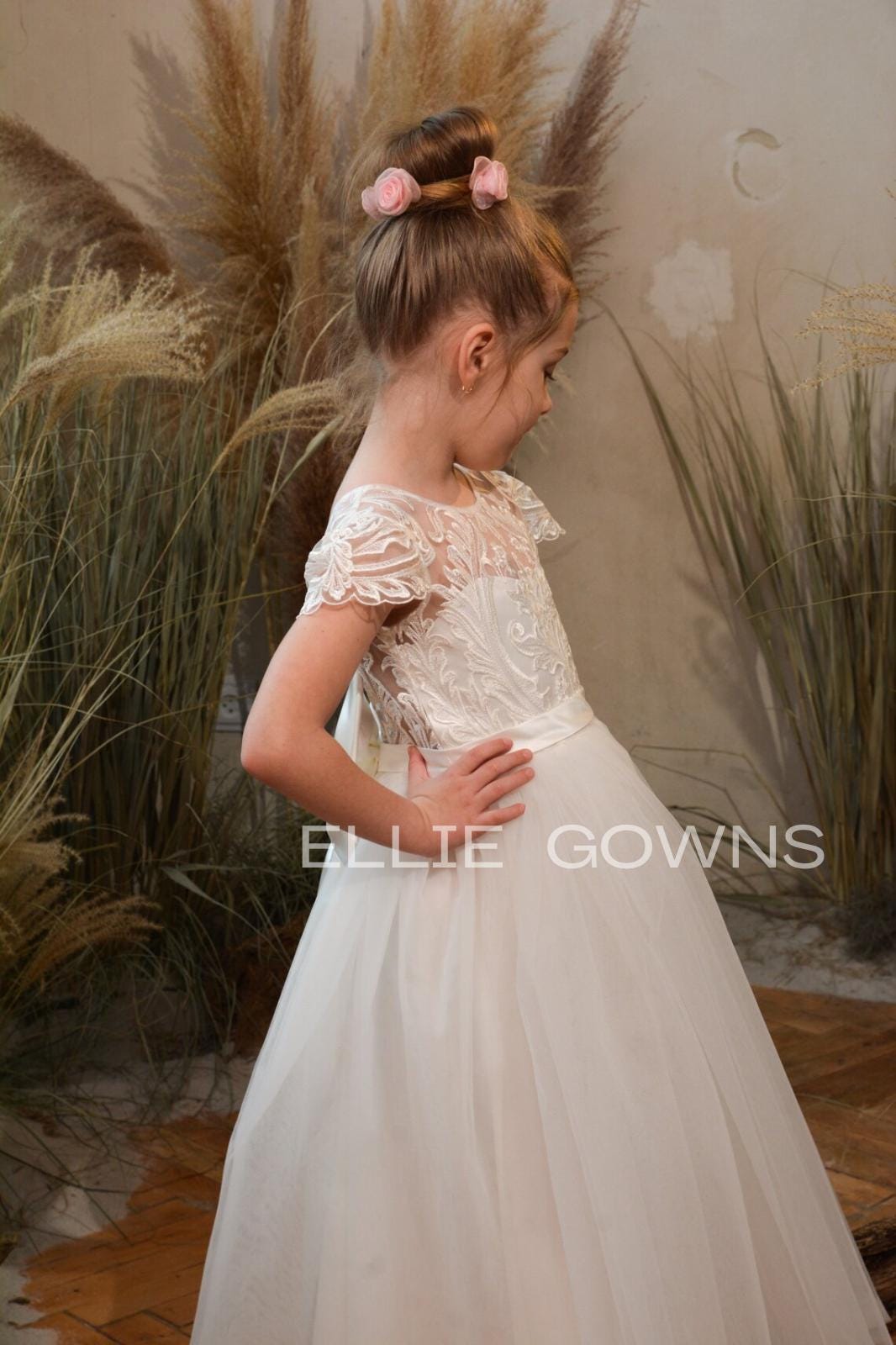Toddler White Lace & Tulle A-Line Flower Girl / First For Toddler Girls Communion  Dress