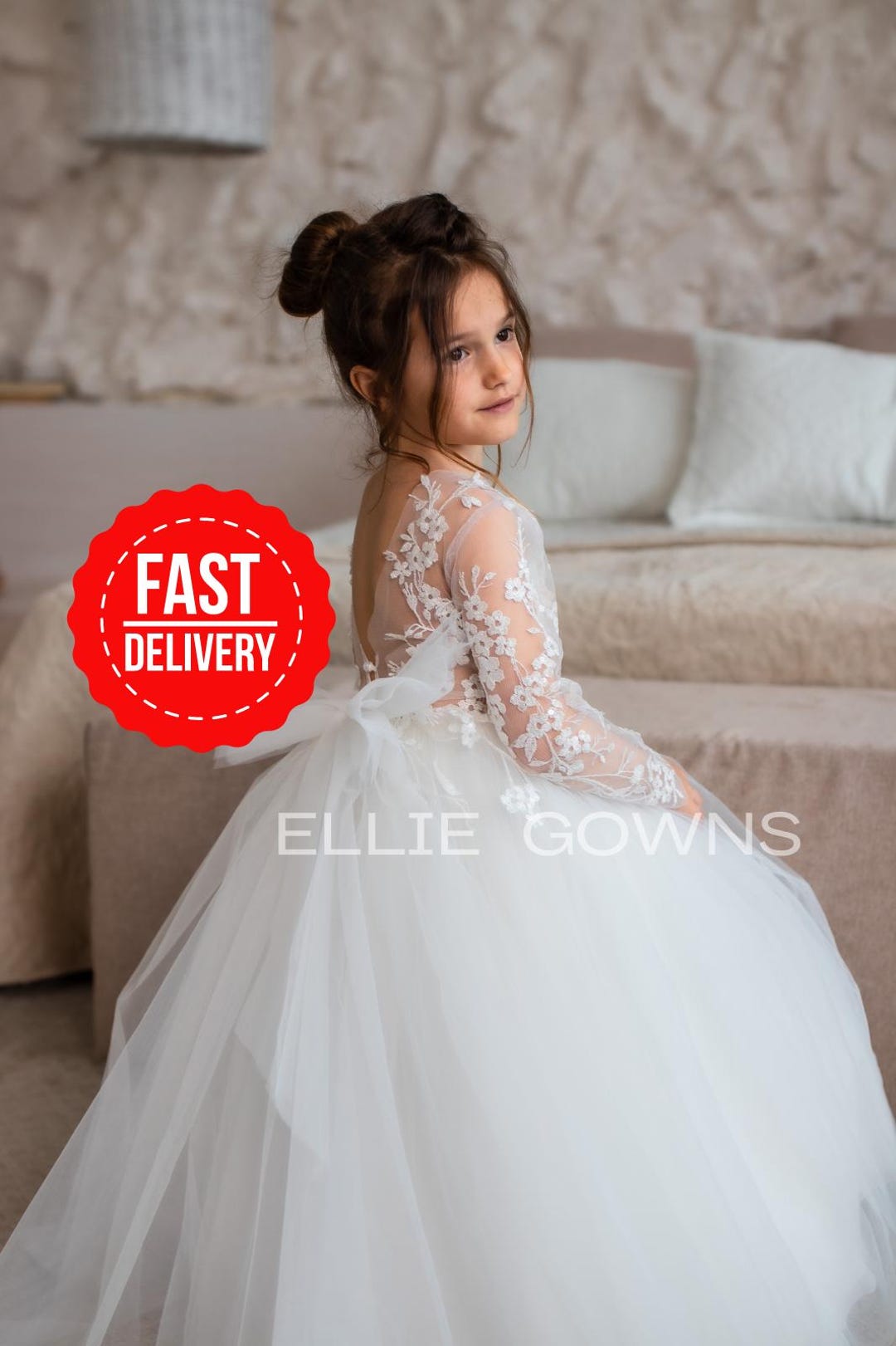 Ivory dress with long sleeves , White Flower girl gown, Flower girl dress, Puffy baby girl dress