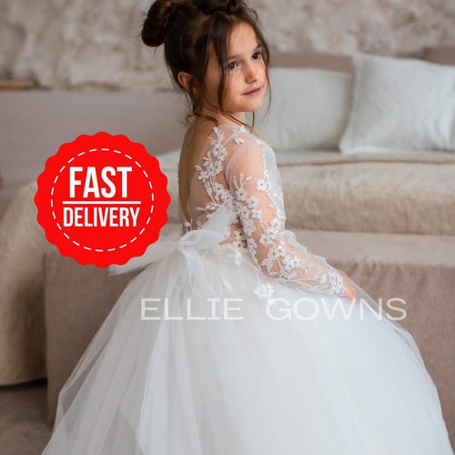 Ivory Dress with Long Sleeves , White Flower Girl Gown, Flower Girl Dress, Puffy Baby Girl Dress