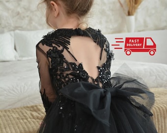Lace girl dress, Black Flower girl dress, Toddler Dress, Black Flower dress, Princess Tutu dress