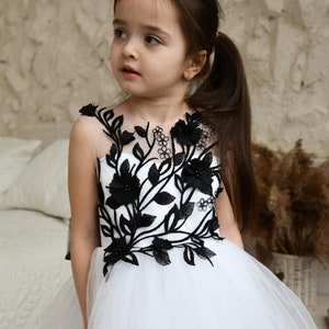 Toddler Puffy Black Flower Girl Dress, Black Lace dress with detachable train, Flower Girl Dress Tulle image 3