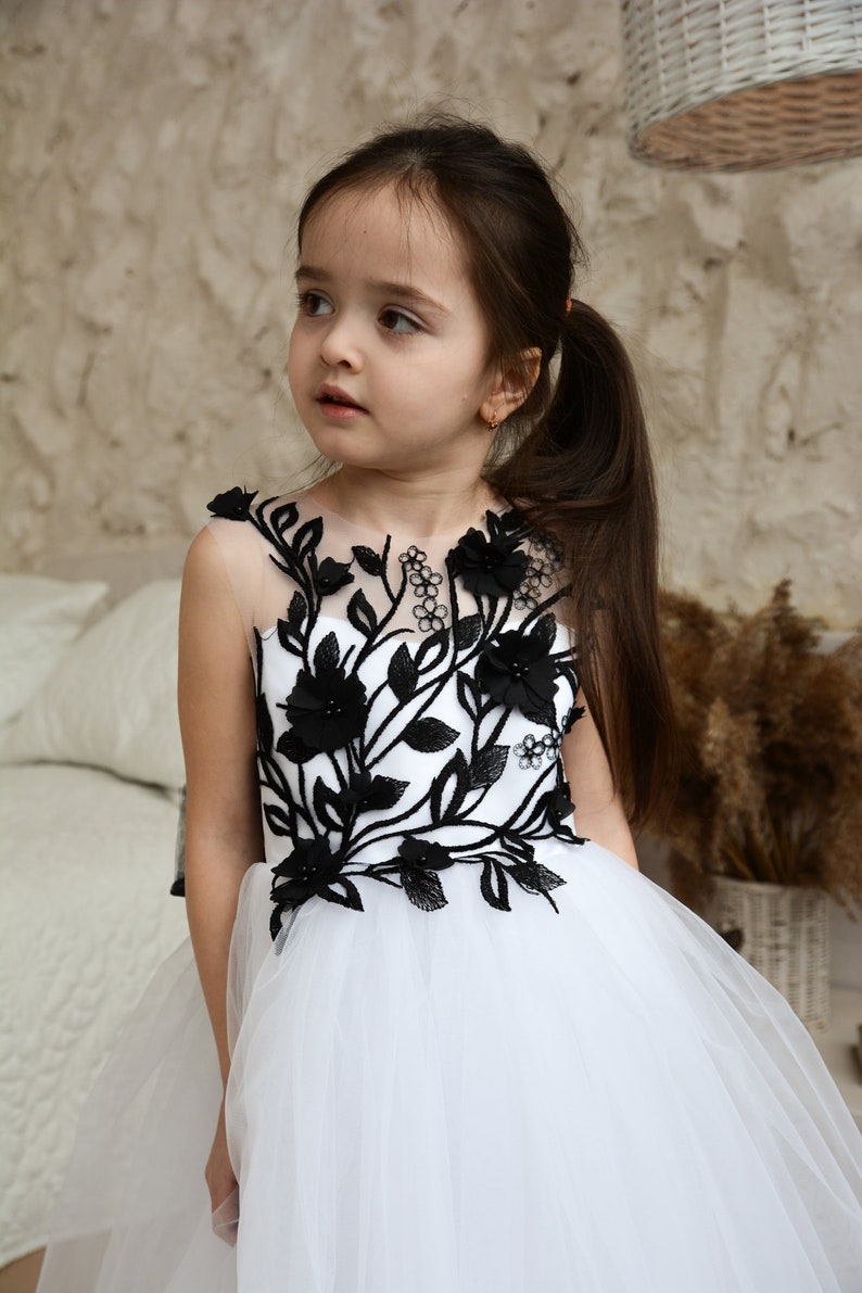 Toddler Puffy Black Flower Girl Dress, Black Lace dress with detachable train, Flower Girl Dress Tulle image 3