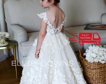 Flower Girl Dress Lace, Ivory Flower girl dress, Lace Girl Dress, Todller girl dress