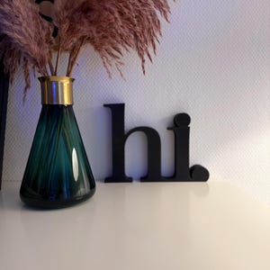 Könnte beinhalten: Eine tealfarbene Glasvase mit goldenem Rand enthält getrocknetes, federartiges, rosabraunes Pampasgras. Neben der Vase steht das Wort "hi." in schwarzen Blockbuchstaben. Die Objekte befinden sich auf einer weißen Oberfläche vor einer strukturierten weißen Wand.