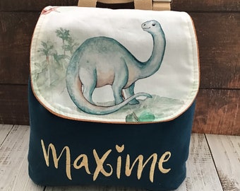 Large format kindergarten backpack embroidered and personalized in cotton with large Dinosaurs