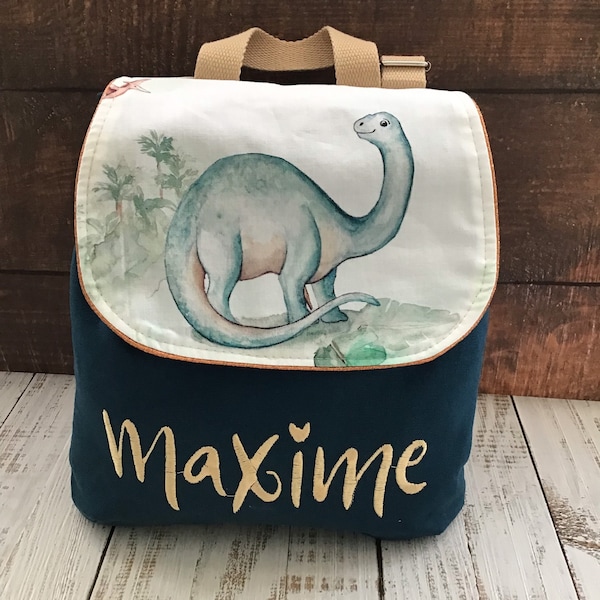 Sac à dos Maternelle grand format brodé et personnalisé en coton grands Dinosaures