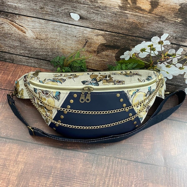 Sac banane XL 2 grandes poches zippées, en similicuir marine et  Tissu Skull - Tête de mort doré