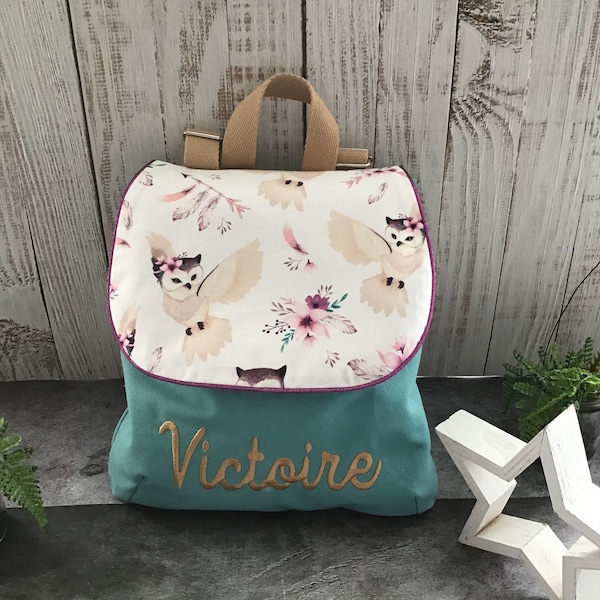 Sac à dos Maternelle grand format brodé et personnalisé en coton Hiboux et fleurs