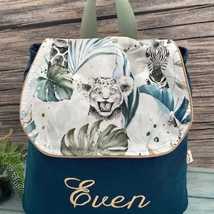 Sac à dos maternelle personnalisé brodé – motif Savane Bleu – sac prénom enfant – rentrée crèche ou petite section