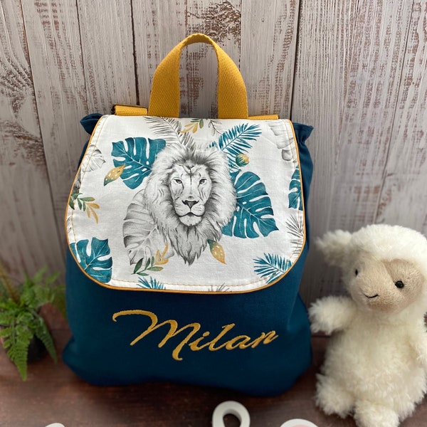 Sac à dos Maternelle grand format brodé et personnalisé en coton Animaux de la jungle