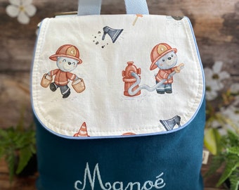 Sac à dos Maternelle grand format pour enfants brodé et personnalisé en coton pompier ourson