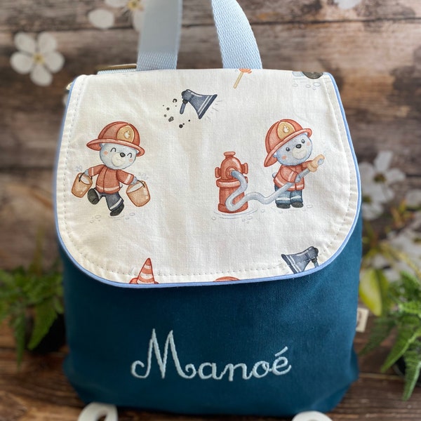 Sac à dos Maternelle grand format pour enfants brodé et personnalisé en coton pompier ourson