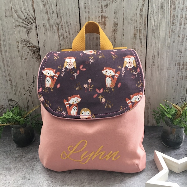 Sac à dos Maternelle grand format pour enfants brodé et personnalisé en coton renard et hibou