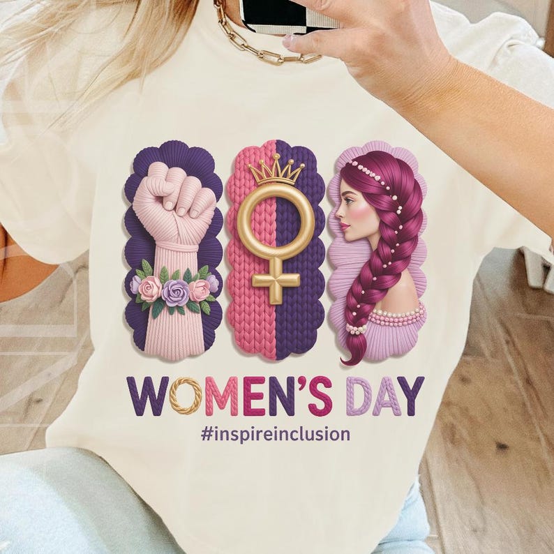 Puede incluir: Camiseta color crema con un dise&ntilde;o para el D&iacute;a de la Mujer. El dise&ntilde;o incluye un pu&ntilde;o en alto, un s&iacute;mbolo femenino con una corona y el perfil de una mujer con un peinado trenzado. Tambi&eacute;n est&aacute; presente el texto "WOMEN'S DAY" y el hashtag "#inspireinclusion".