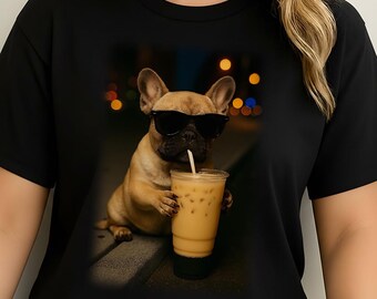 Bulldog francés bebiendo café helado (PNG), meme de animal divertido (PNG), bulldog francés con café (PNG), camiseta de perro bulldog francés (PNG), descarga digital