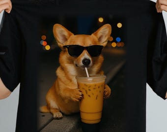 Perro Corgi bebiendo café helado (PNG), Meme de animal divertido (PNG), Perro Corgi con café (PNG), Camiseta de perro Corgi vintage (PNG), Descarga digital