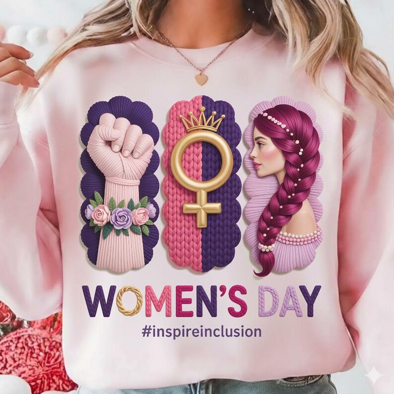Puede incluir: Sudadera rosa claro con un dise&ntilde;o del D&iacute;a de la Mujer. El dise&ntilde;o incluye un pu&ntilde;o en alto, un s&iacute;mbolo femenino con una corona y el perfil de una mujer con una larga trenza. Tambi&eacute;n aparece el texto "WOMEN'S DAY" y "#inspireinclusion".