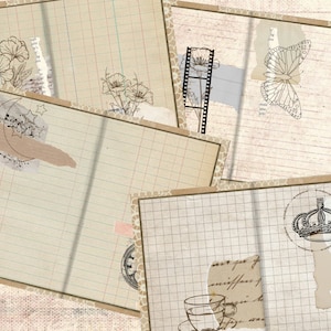 May include: A set of four vintage-style journal pages with different designs. The pages feature a crescent moon with stars, a butterfly, a film strip, and a crown. Each page has a grid pattern and a distressed, aged look.