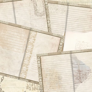 May include: A set of six vintage-style journal pages with lined paper and decorative borders. The pages are in shades of beige and brown with a distressed look.