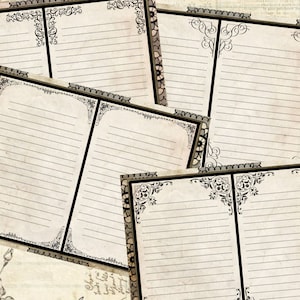 May include: Five sheets of lined paper with decorative black and gold borders. The paper has a vintage, aged look.