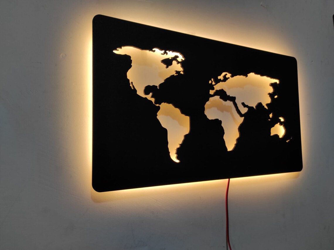 Lighted World Mapwall Decorwall Artworld Map Wall Etsy