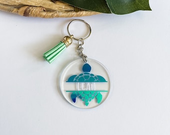 Turtle Monogram, Kids Keychain, Keychains for Teens, Sea Turtle Keychain, Tassel Keychain, Name Keychain, Backpack Charm, Custom Keychain