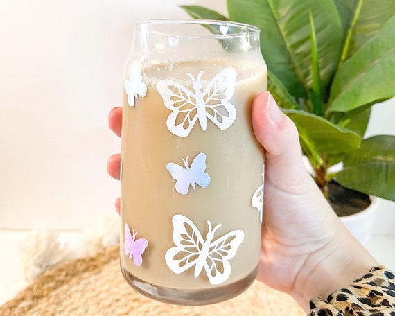 Glass Tumbler With Straw and Lid. Beer Can Glass With Butterflies.  Butterfly Iced Coffee Glass. Travel Boho Coffee Cup. 