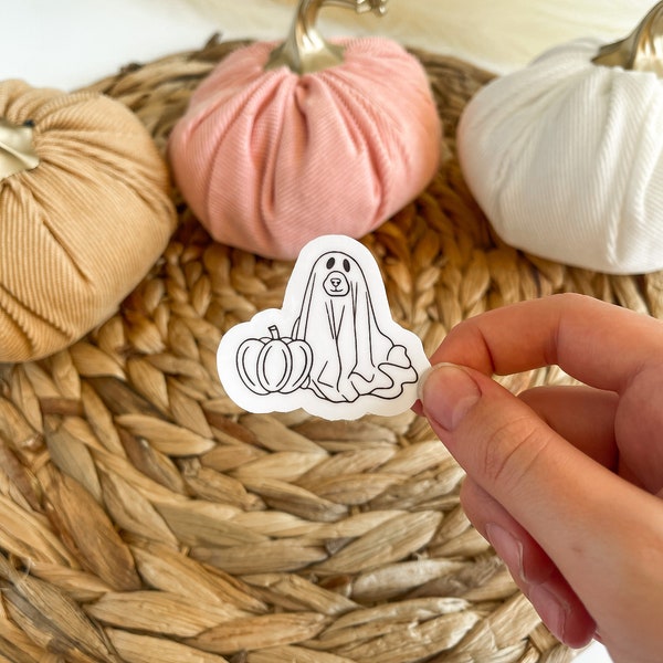 Trick or Treat Halloween Dog in Ghost Costume Sticker. Puppy Ghost Sticker Spooky Season. Preppy Halloween Sticker. Cute Dog Sticker Fall