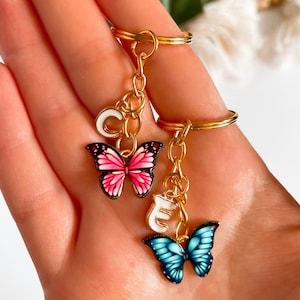 Colorful Butterfly Initial Keychain. Gold Butterflies Keyring Custom Gift for Women. Trendy Keychain for Teenager Personalized. Preppy