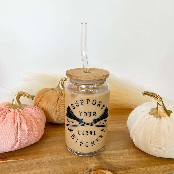 Support Your Local Witches Beer Can Glass Lid and Straw. Halloween Coffee Mugs for Witches. Spooky Season Wiccan Tumblers. Witchy Aesthetic.
