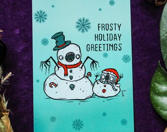 Spooky Christmas Postcard - Creepy Snowman Greeting Card Blue Snowflakes