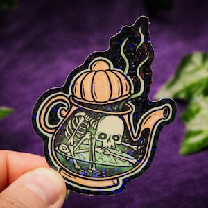 Teapot Vinyl Sticker - Holographic Sticker Spooky Sticker Gothic Sticker Tea Lover Sticker Skeleton Art Sticker Spooky Holo Skeleton Sticker