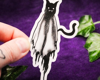 Creepy Cat Ghost Vinyl Sticker - Spooky Halloween Laptop Decal