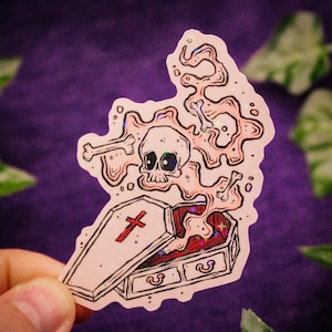 Pink Coffin Vinyl Sticker -  Holographic Skull Sticker Spooky Cute Gothic Sticker Pastel Goth Sticker Skeleton Sticker Spooky Holo Sticker