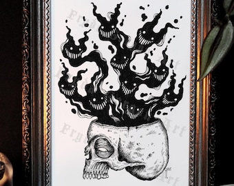 Haunted Skull Art Print: Depression Illustration Mental Health Gothic Wall Decor With Spooky Ghosts