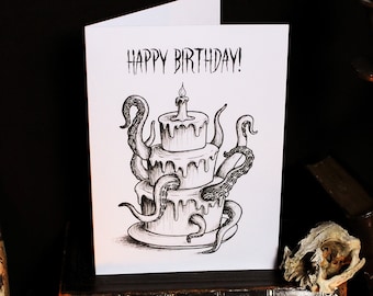 Happy Birthday - Greeting Card Creepy Birthday Card with Envelope included A6 Tentacle Cake Spooky Birthday Card Party Spooky Present